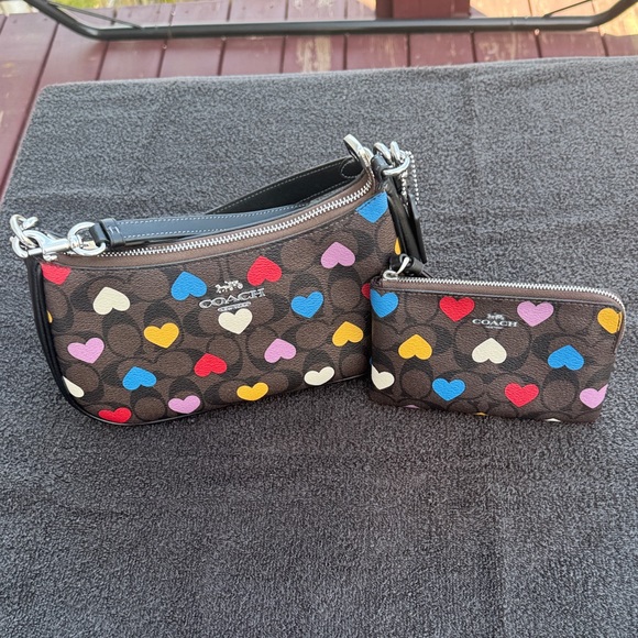 Coach Handbags - Coach Brown Teri Signature Shoulder Bag and Wristlet with Multicolor Hearts